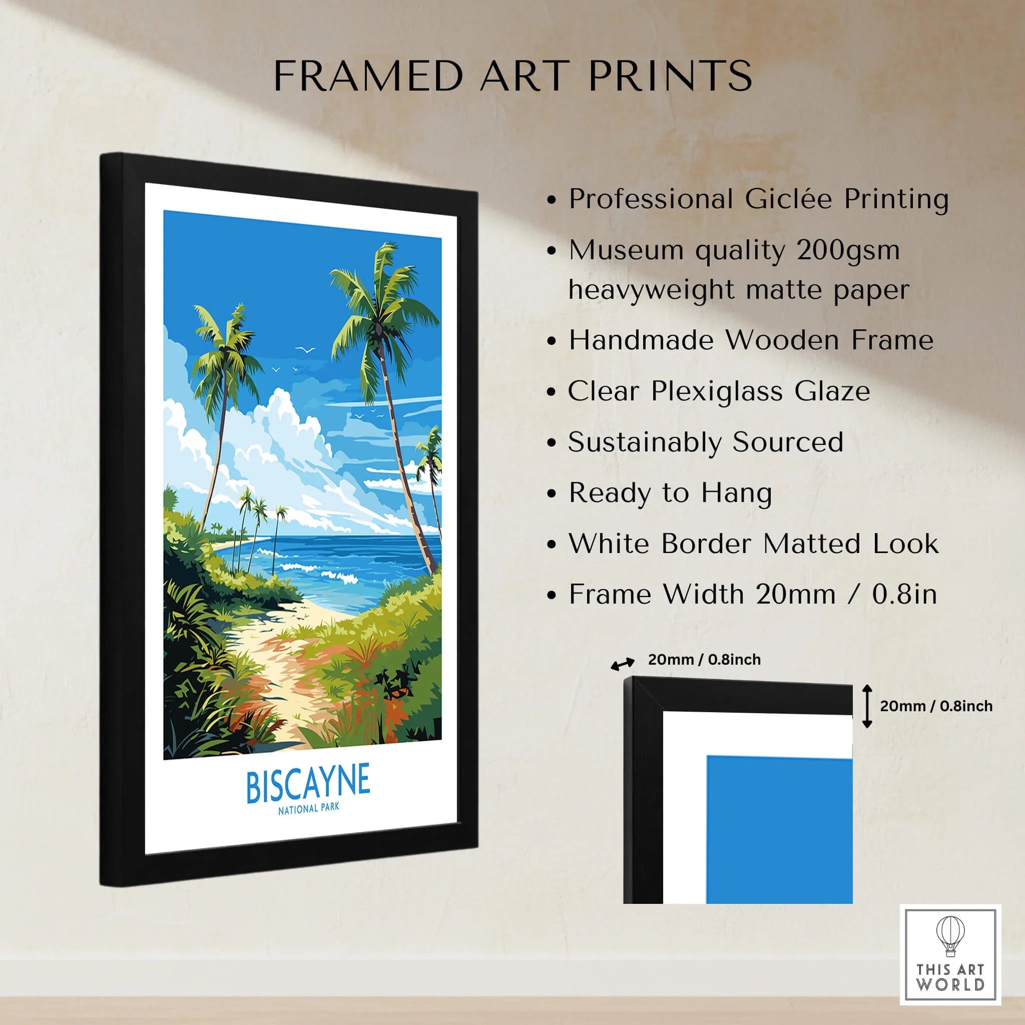 Framed Biscayne National Park art print with palm trees, blue ocean, and product details