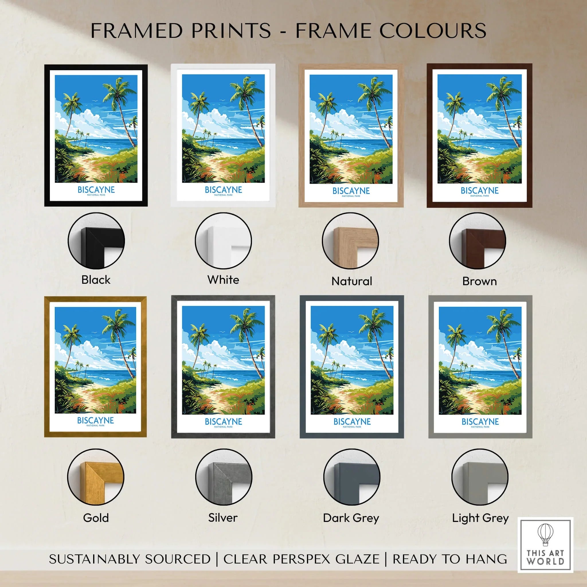 Biscayne beach travel poster framed print in eight color options, palm trees, ocean view.