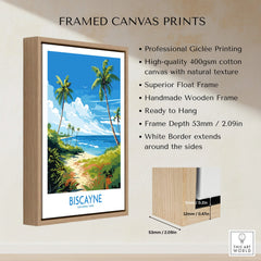 Framed Biscayne National Park canvas print with palm trees, beach scene, and wooden float frame.