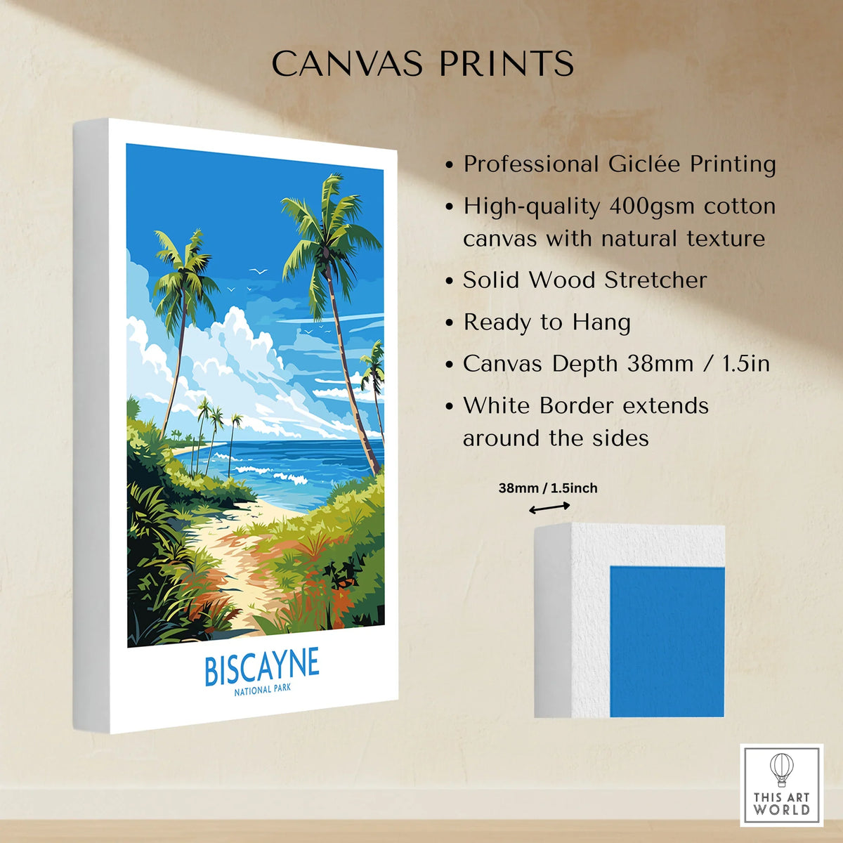 Biscayne National Park canvas print with tropical beach, palm trees, and blue ocean, gallery-wrapped with white border.