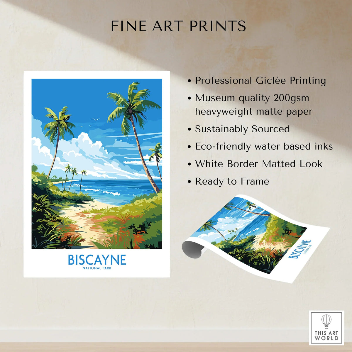 Biscayne National Park wall art print with palm trees, ocean, and tropical landscape details.