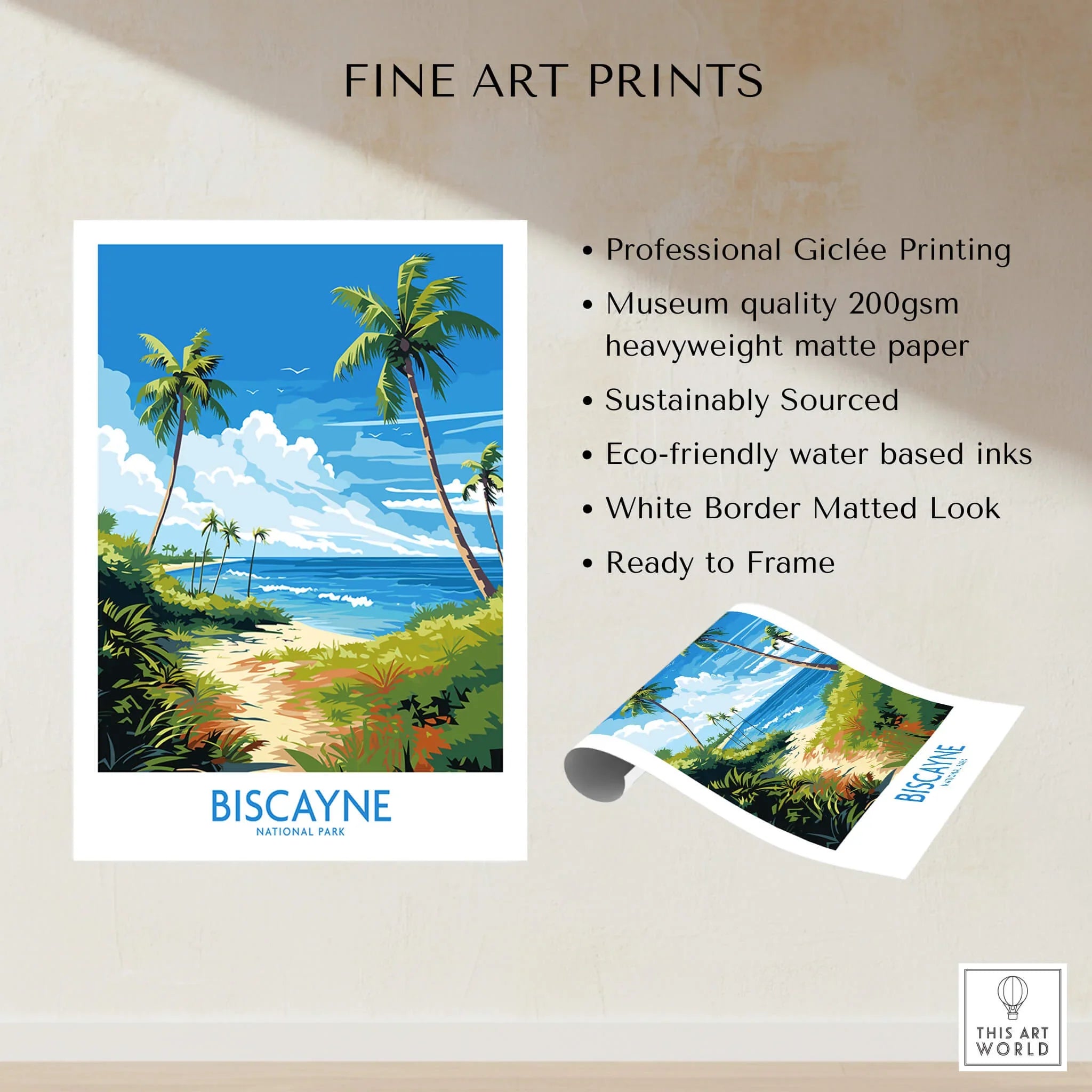 Biscayne National Park wall art print with palm trees, ocean, and tropical landscape details.