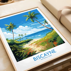 Framed Biscayne National Park art print with palm trees, ocean, and blue sky, unwrapped as a gift.