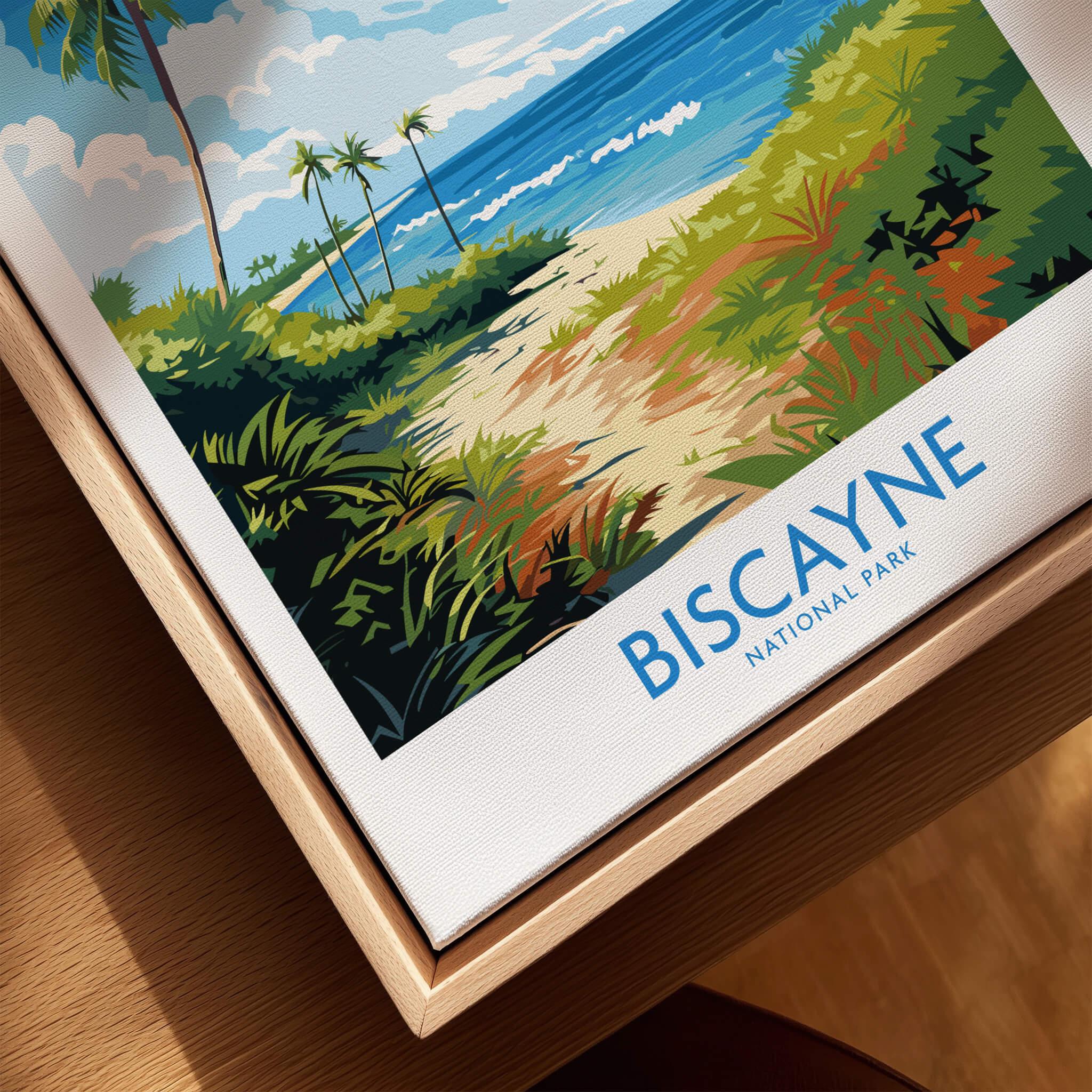Biscayne National Park travel poster print in a natural wood floating frame, featuring beach and palm trees.