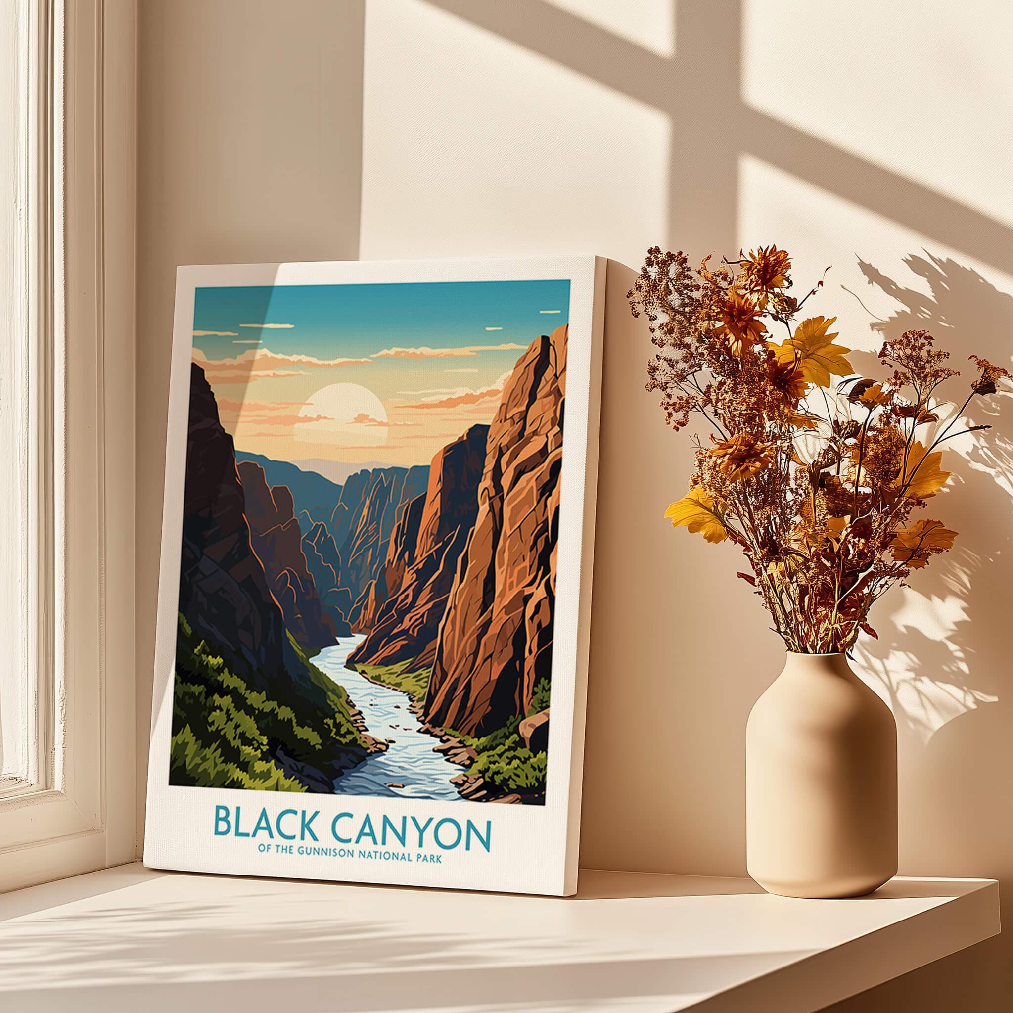 Black Canyon National Park print on canvas on windowsill with vase of dried flowers, sunlight