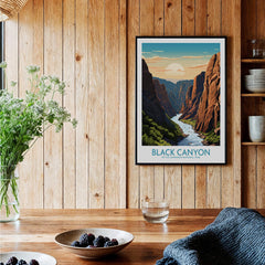 Black Canyon National Park art print in black frame hanging in rustic kitchen setting