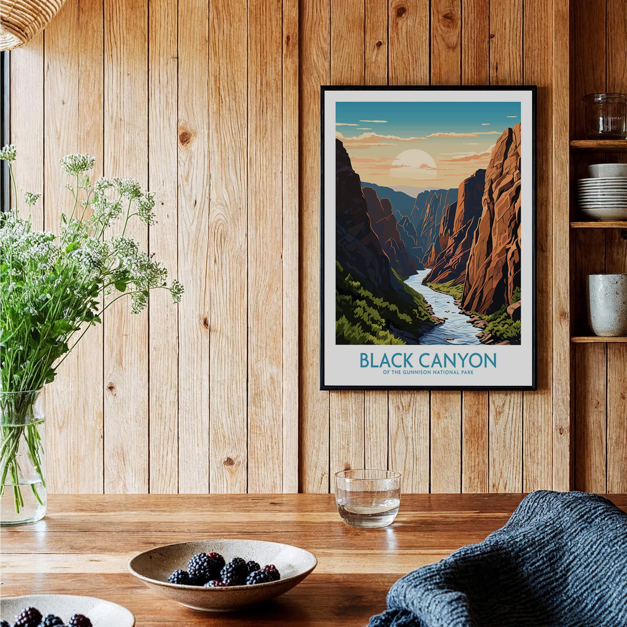 Black Canyon National Park art print in black frame hanging in rustic kitchen setting
