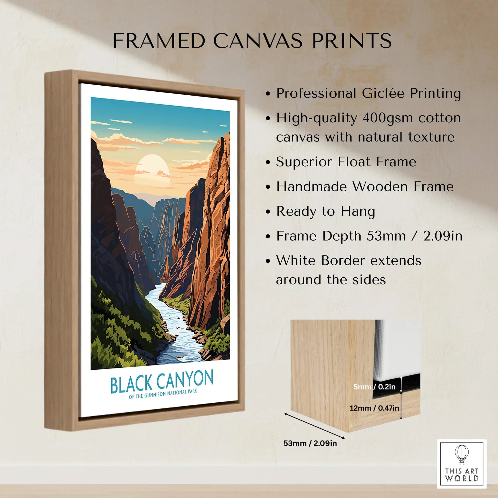 Framed canvas print of Black Canyon National Park landscape with handmade wooden float frame.