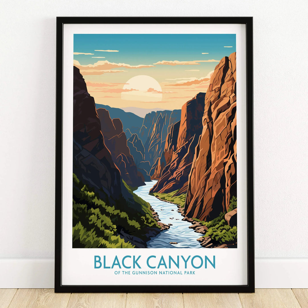 Black Canyon National Park art print in black frame on wooden floor, landscape wall decor