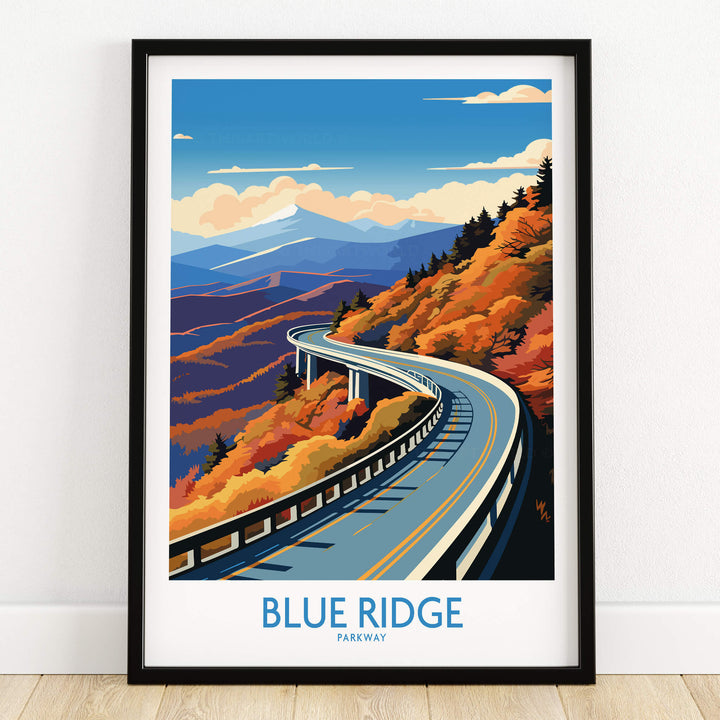 Blue Ridge Parkway Wall Art Print featuring a scenic mountain road surrounded by autumn foliage.
