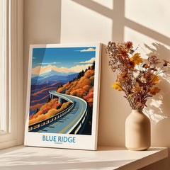 Blue Ridge Parkway Wall Art Print displayed near a vase with flowers, showcasing scenic mountain landscape.