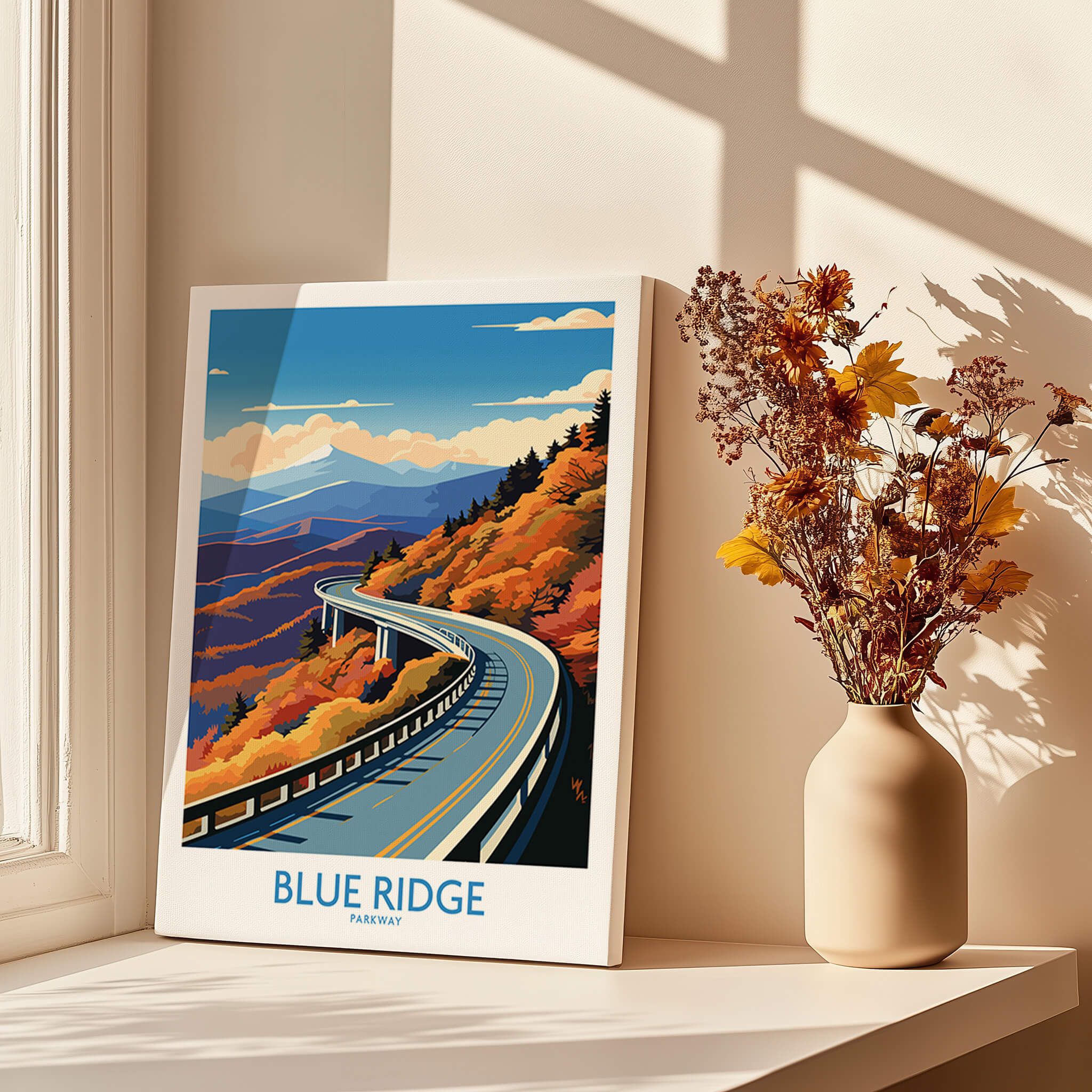 Blue Ridge Parkway Wall Art Print displayed near a vase with flowers, showcasing scenic mountain landscape.