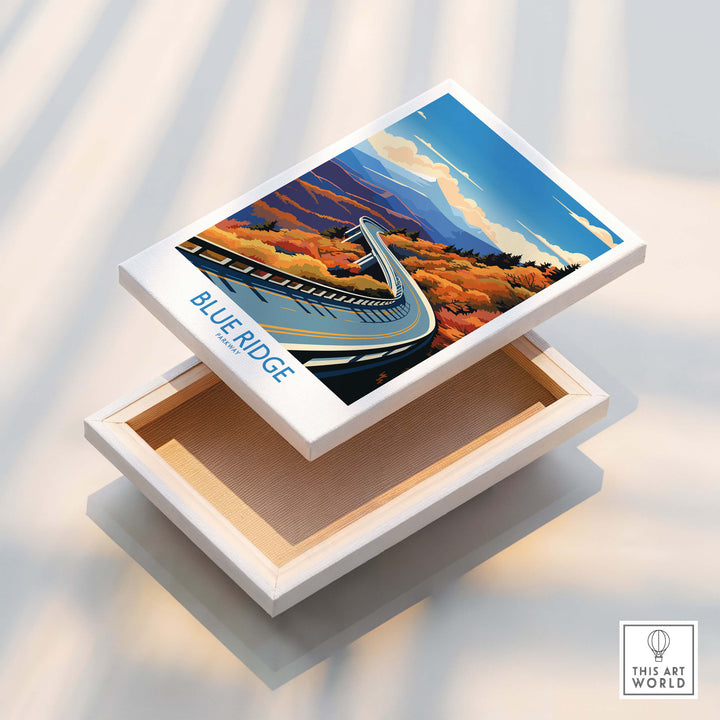Blue Ridge Parkway Wall Art Print displayed on a wooden box showcasing vibrant autumn colors and scenic landscape.