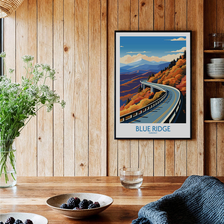 Blue Ridge Parkway Wall Art Print displayed in a cozy home setting with wooden walls and a rustic table.