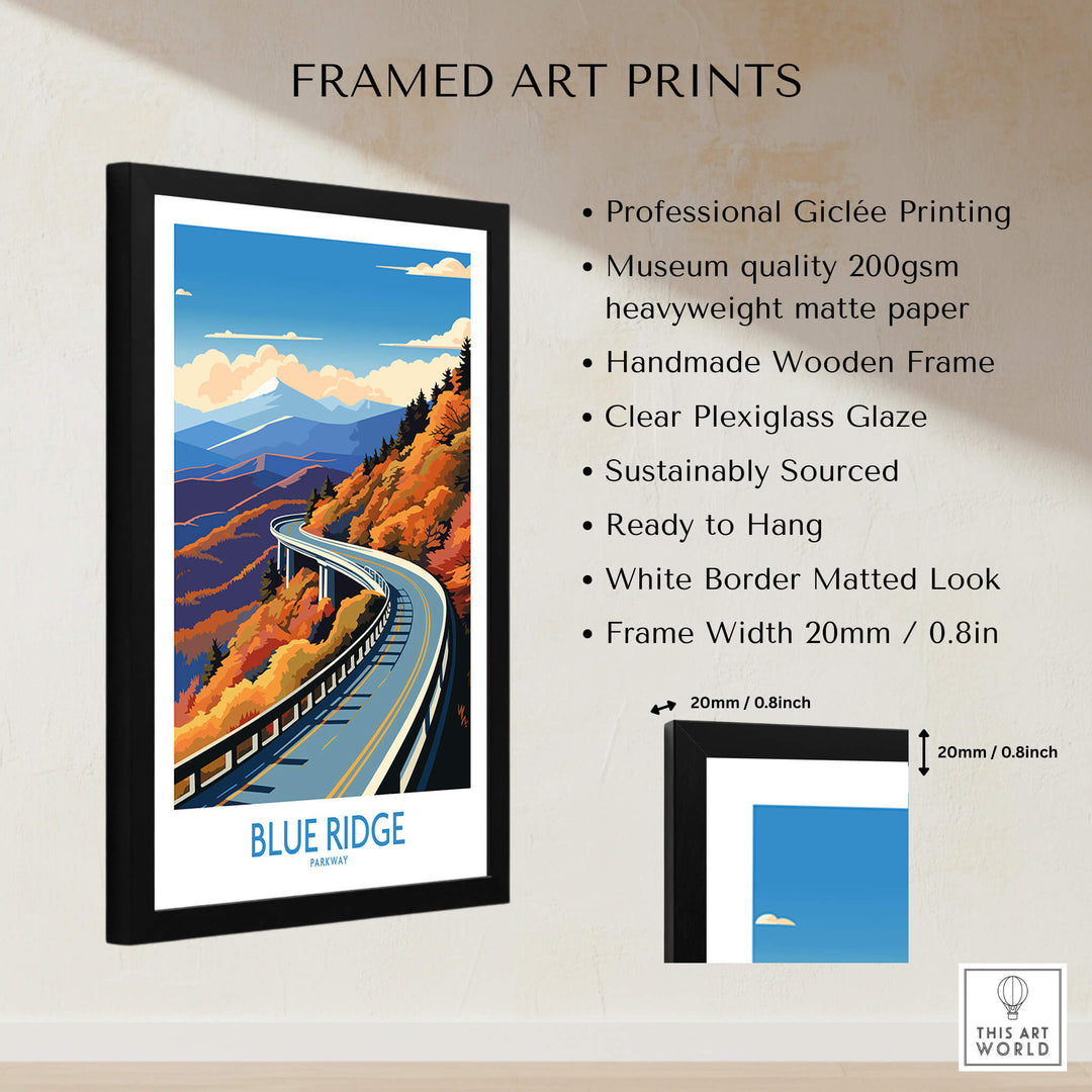 Blue Ridge Parkway Wall Art Print featuring vibrant colors and handmade wooden frame for home decor.