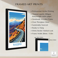 Blue Ridge Parkway Wall Art Print featuring vibrant colors and handmade wooden frame for home decor.