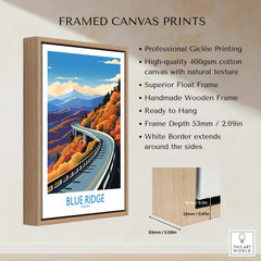 Framed Blue Ridge Parkway Wall Art Print showcasing vibrant road and mountains, ready to hang with eco-friendly materials.