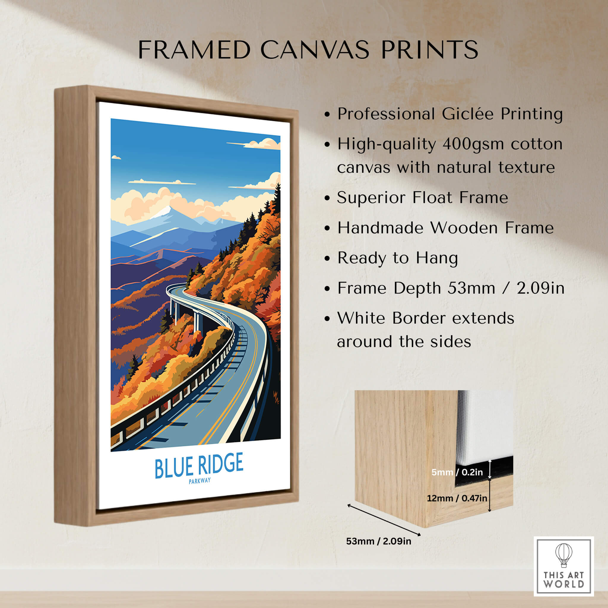 Framed Blue Ridge Parkway Wall Art Print showcasing vibrant road and mountains, ready to hang with eco-friendly materials.