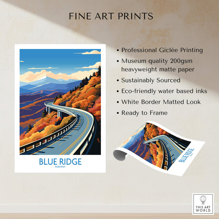 Blue Ridge Parkway Wall Art Print featuring vibrant fall colors and winding road on heavyweight matte paper.