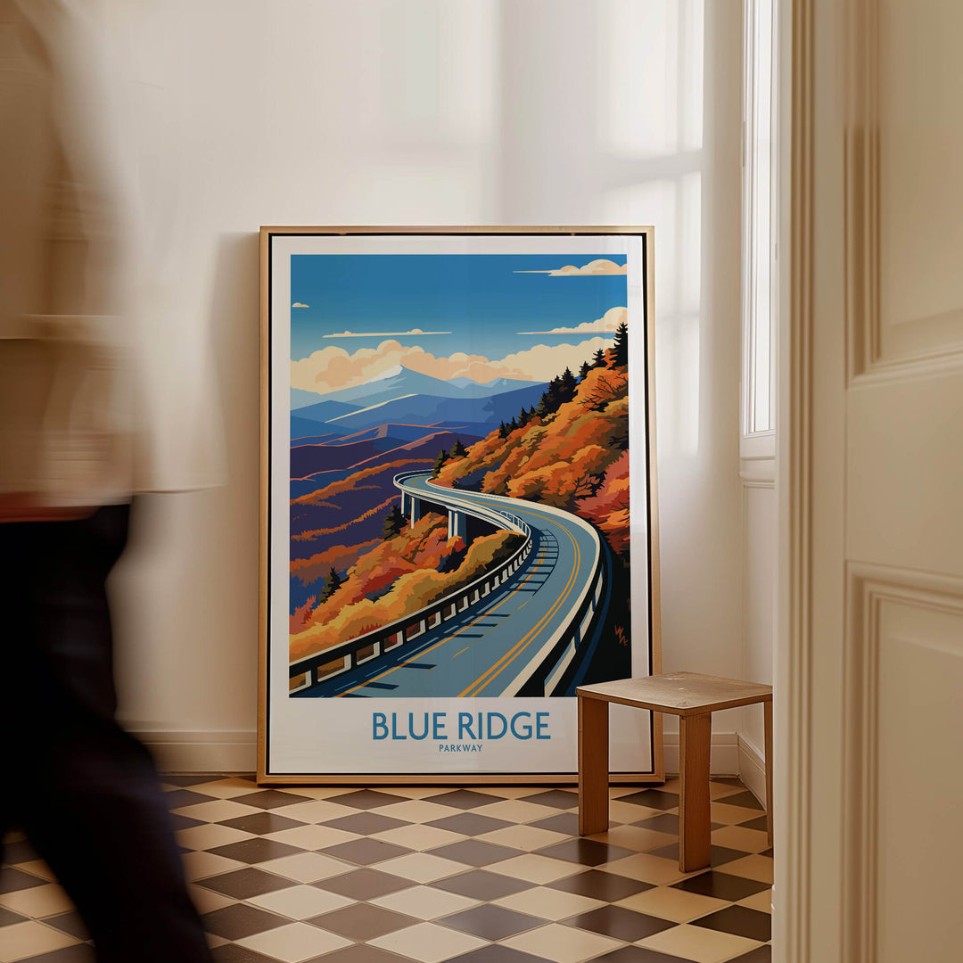 Blue Ridge Parkway Wall Art Print featuring a scenic view of the road surrounded by autumn foliage.