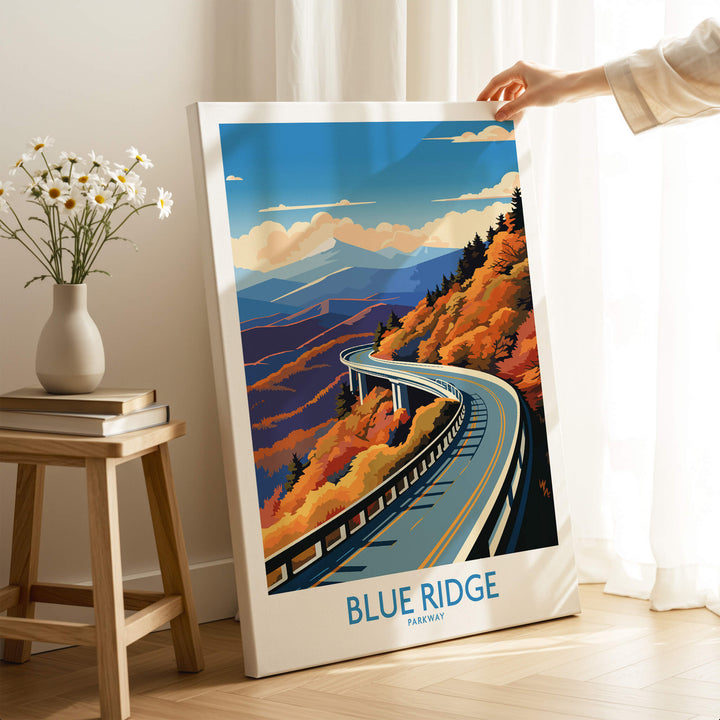 Blue Ridge Parkway Wall Art Print displayed in a cozy home setting with autumn colors and scenic mountain views