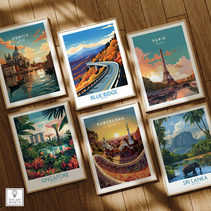 Collection of travel posters including Blue Ridge Parkway Wall Art Print and others like Venice, Paris, Singapore, Barcelona, and Sri Lanka.