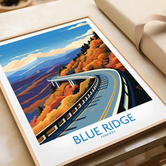 Framed Blue Ridge Parkway art print featuring winding road and colorful autumn mountains.