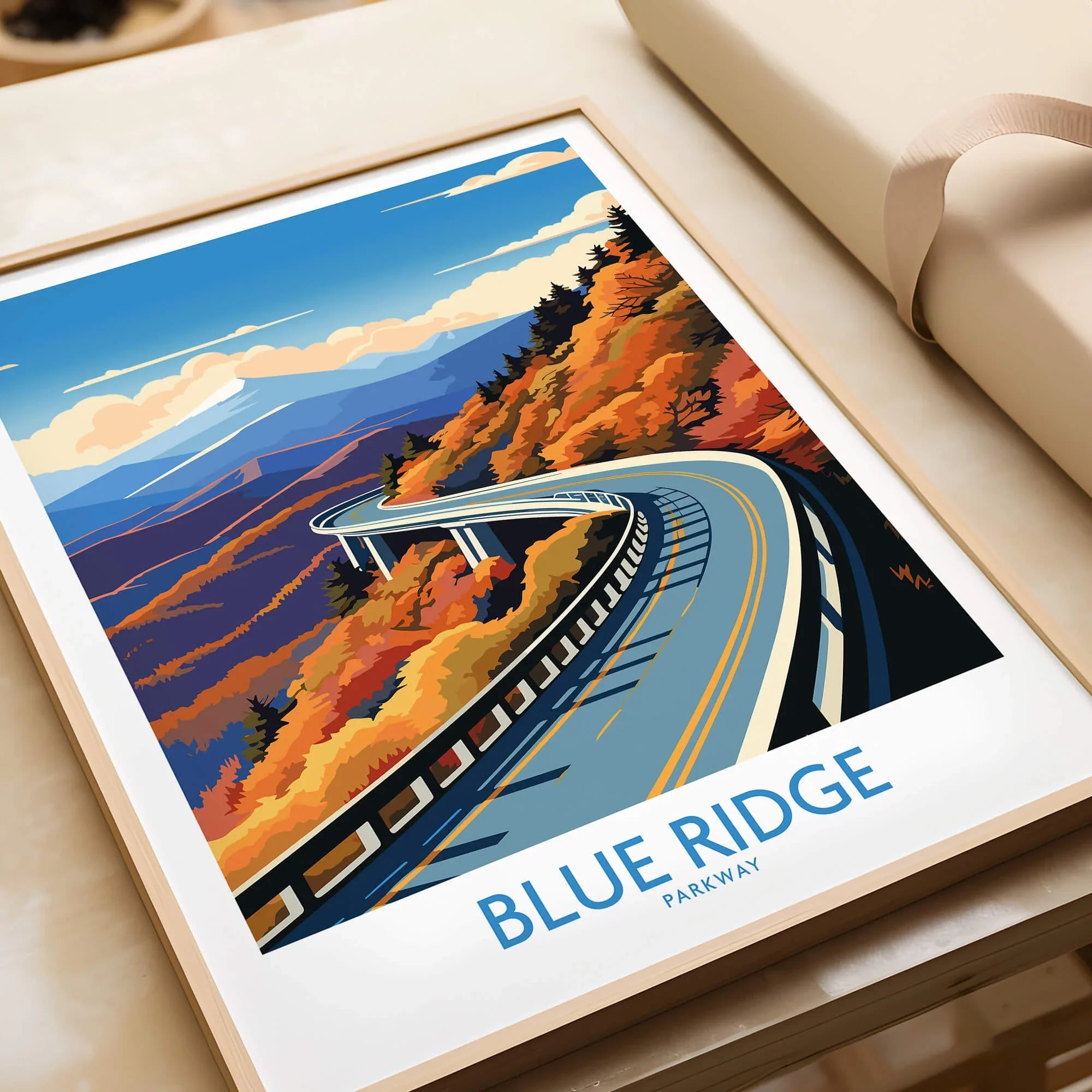 Framed Blue Ridge Parkway art print featuring winding road and colorful autumn mountains.