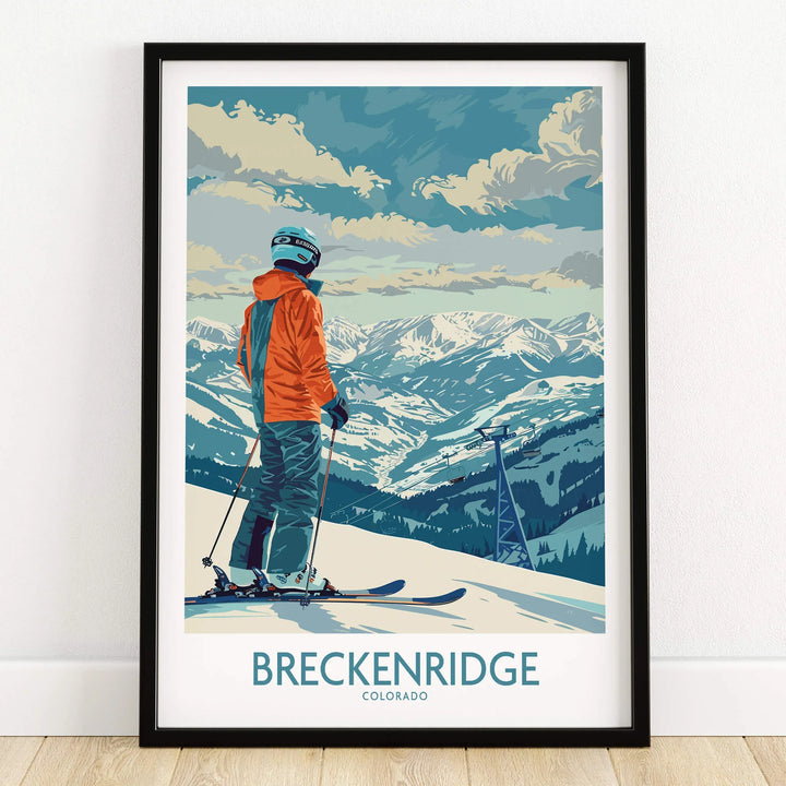 Breckenridge Ski Print - Colorado showcasing a skier against a mountain backdrop in a vibrant artistic style.