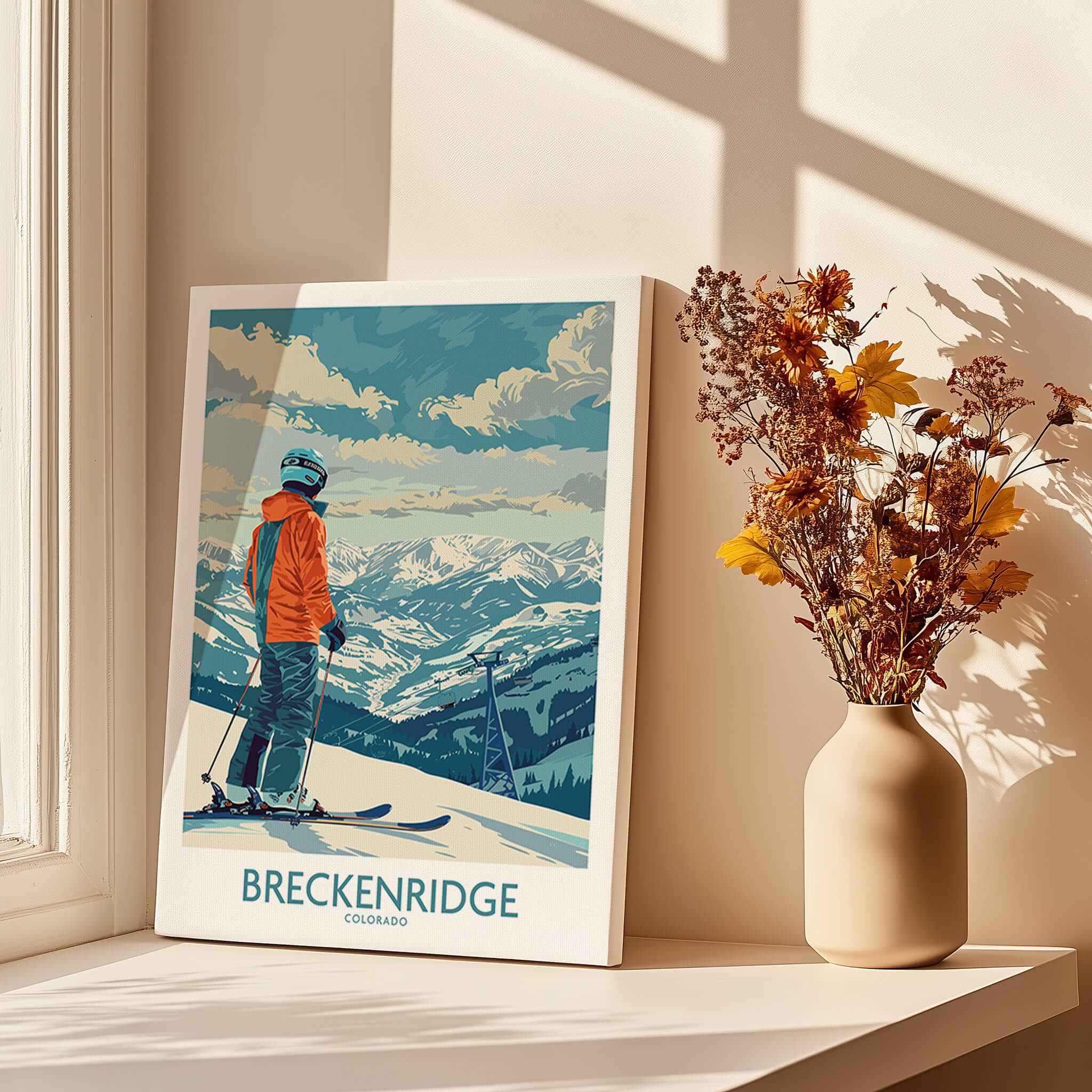 Breckenridge Ski Print - Colorado showcasing a skier against scenic mountains in a sunlit room.