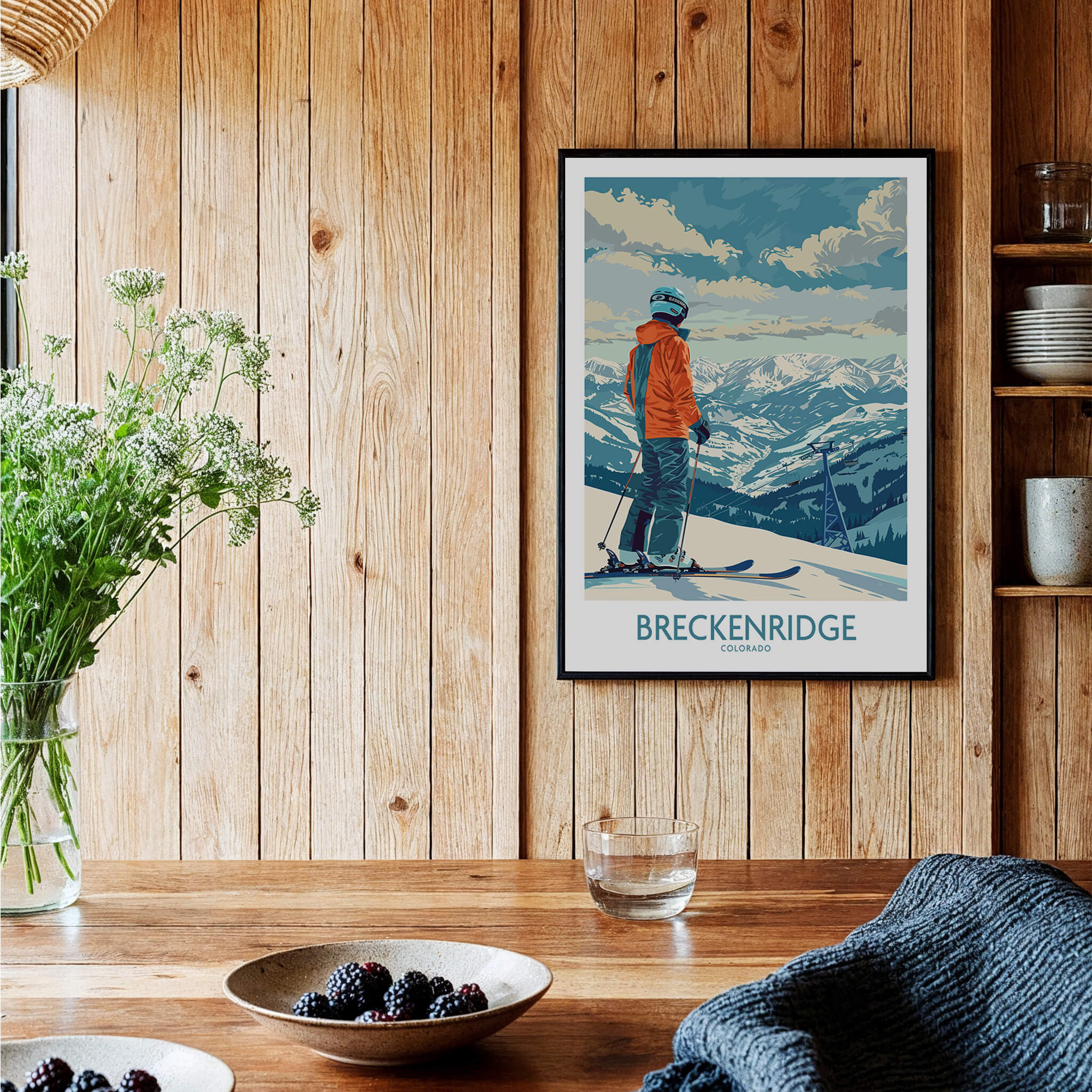 Breckenridge Ski Print -  Colorado displayed on a wooden wall, showcasing the stunning alpine landscape.