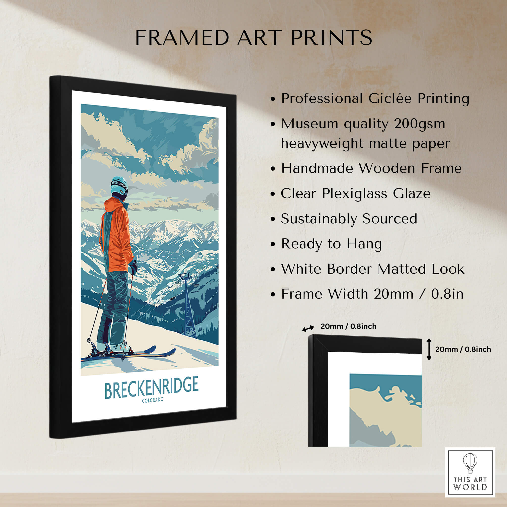 Breckenridge Ski Print - Colorado framed art print featuring skier and scenic mountains.