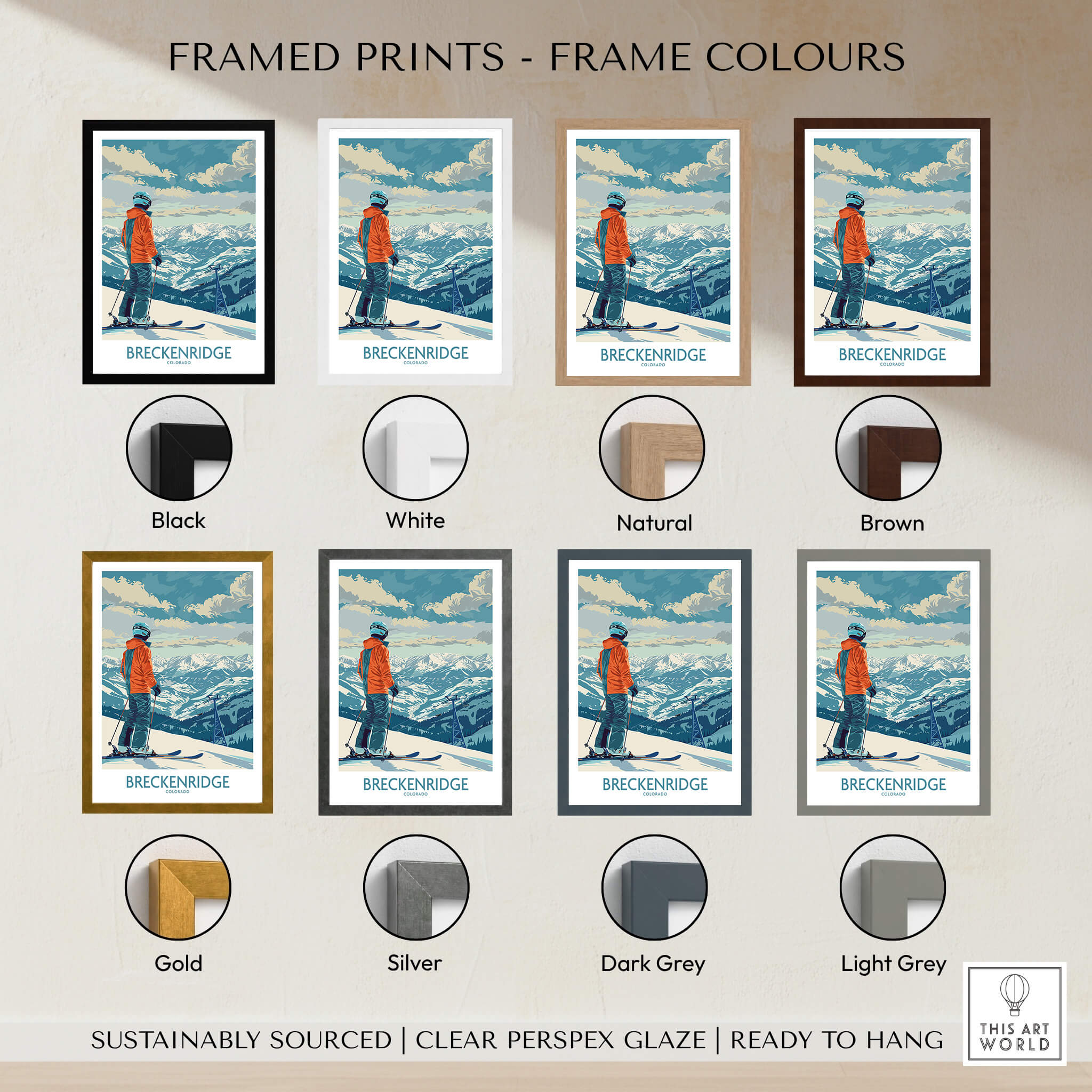 Different frame colors for Breckenridge Ski Print - Colorado, including black, white, natural, brown, gold, silver, dark grey, and light grey.