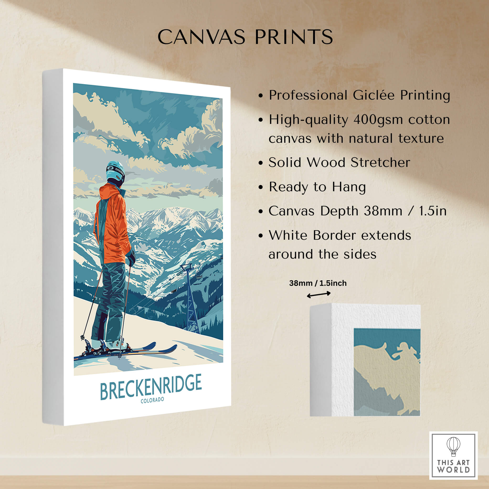 Breckenridge Ski Print - Colorado canvas print showcasing a skier in the mountains of Breckenridge, Colorado with Giclée quality.