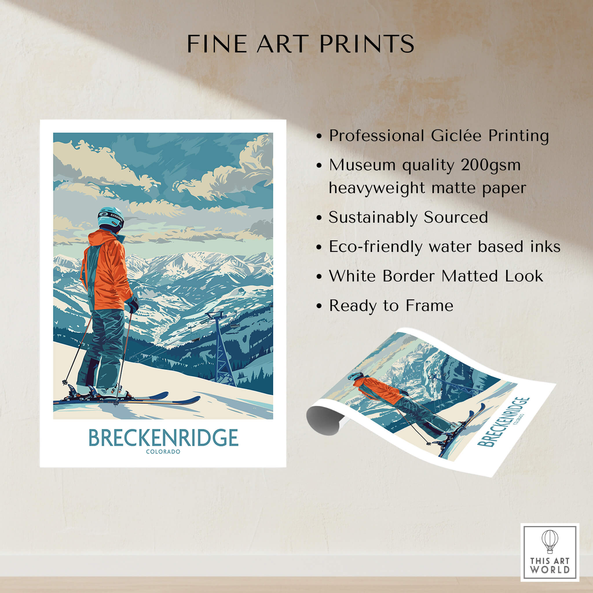 Breckenridge Ski Print - Colorado showcasing a skier against a stunning mountain backdrop, perfect for skiing enthusiasts.