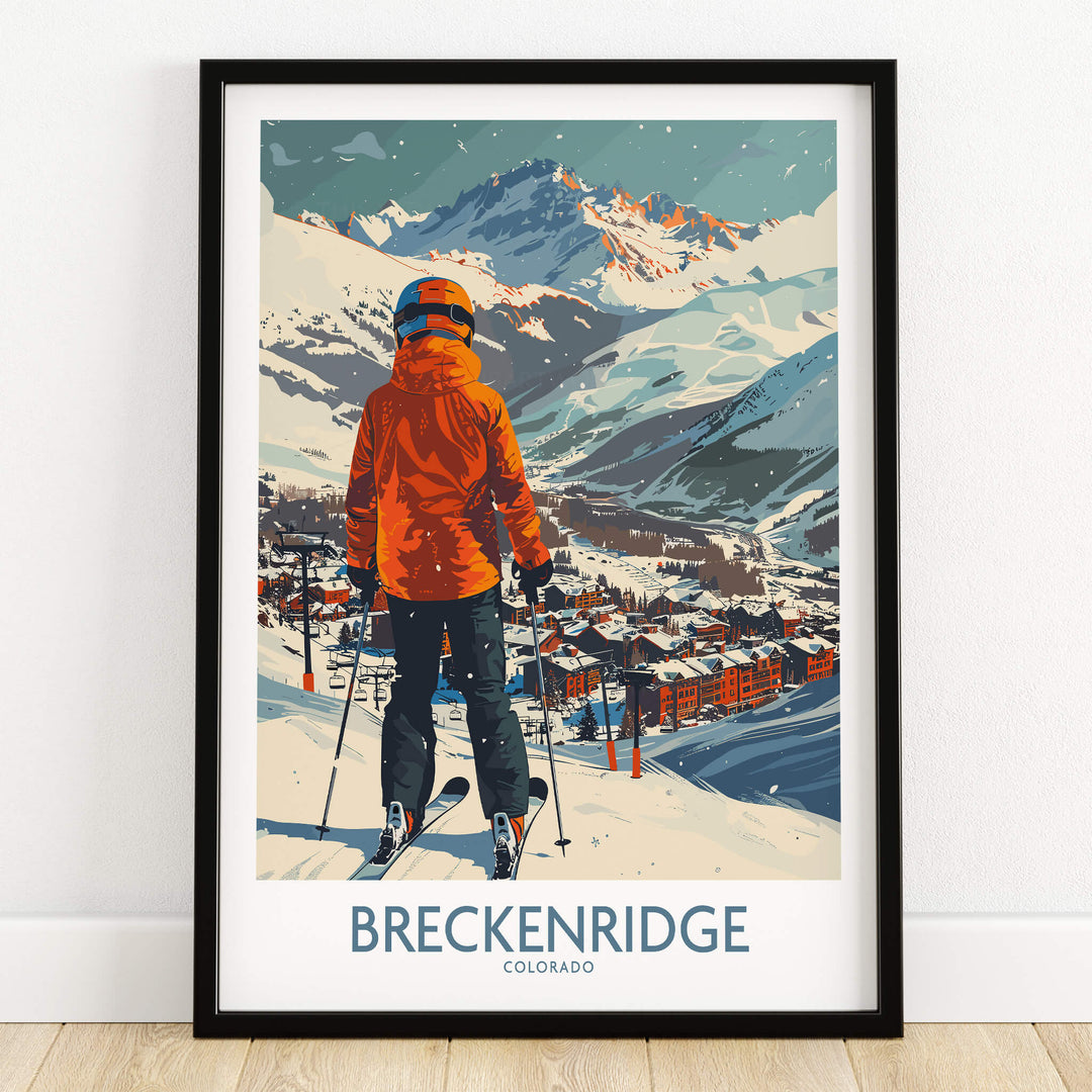 Breckenridge Wall Art - Colorado, a ski poster featuring a skier overlooking the snowy mountains and town of Breckenridge.