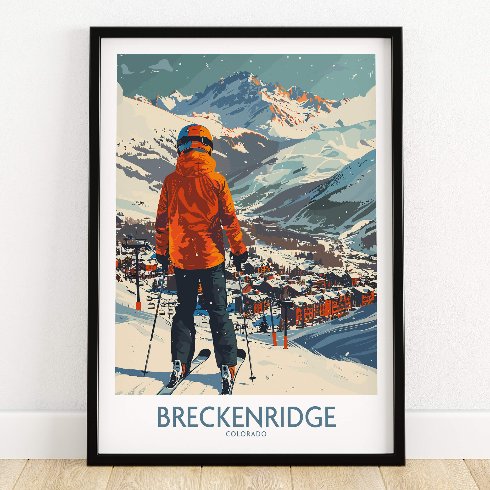 Breckenridge Wall Art - Colorado, a ski poster featuring a skier overlooking the snowy mountains and town of Breckenridge.
