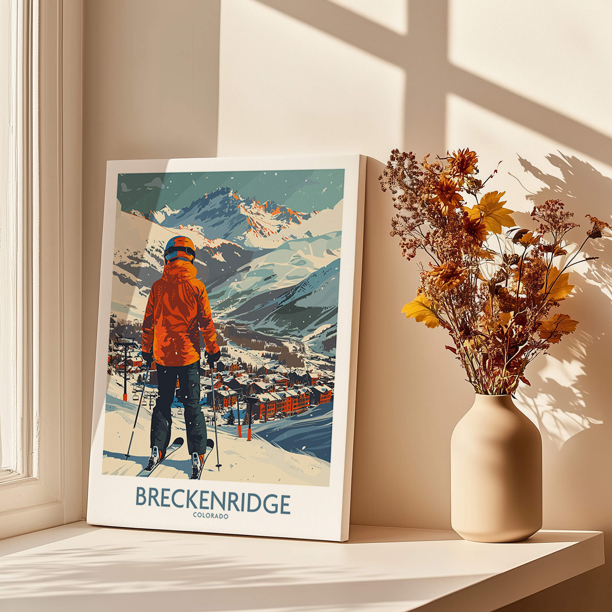 Breckenridge Wall Art - Colorado showcasing a skier overlooking the snowy mountains and town of Breckenridge.