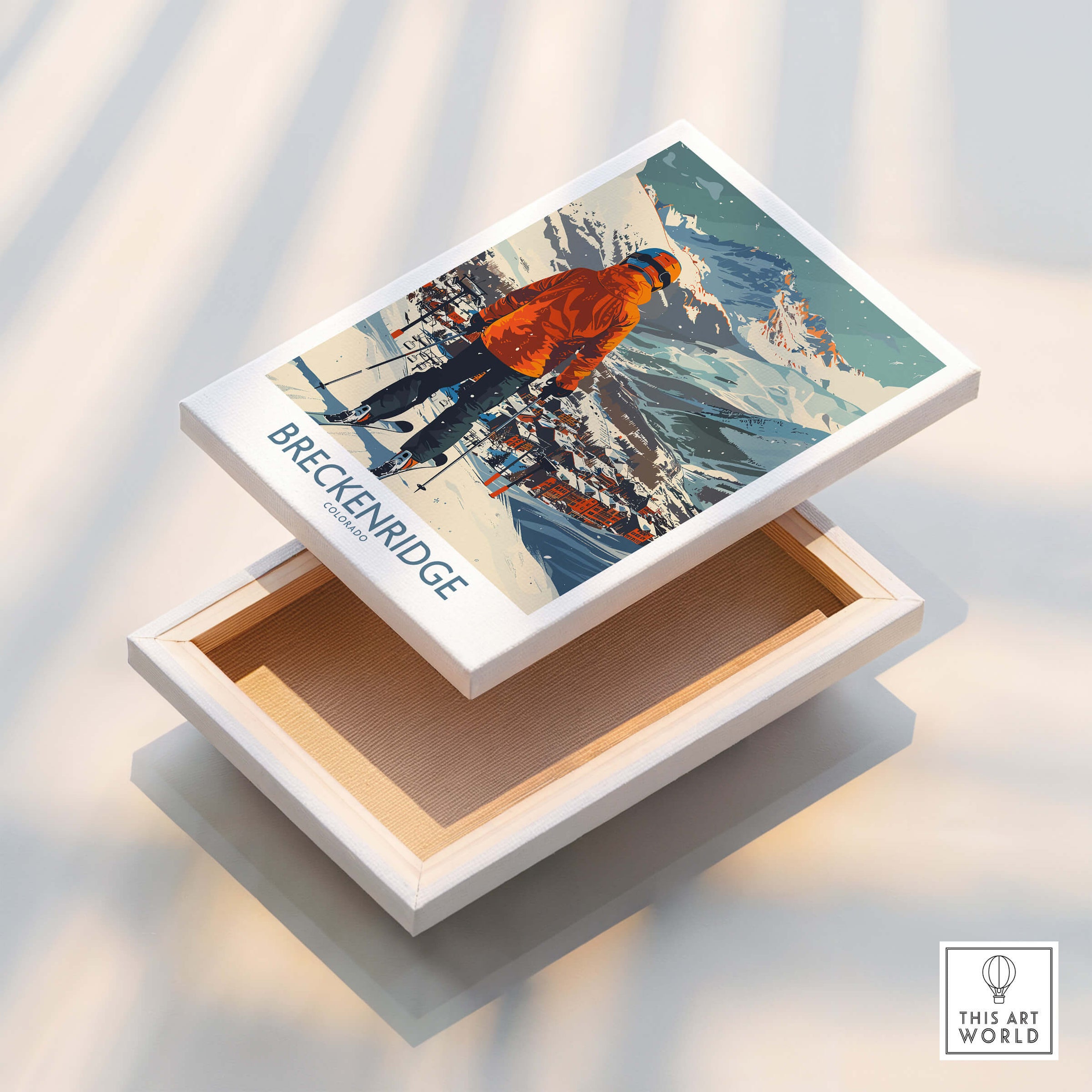 Breckenridge Wall Art - Colorado ski poster displayed on a wooden box showcasing the beauty of Breckenridge.