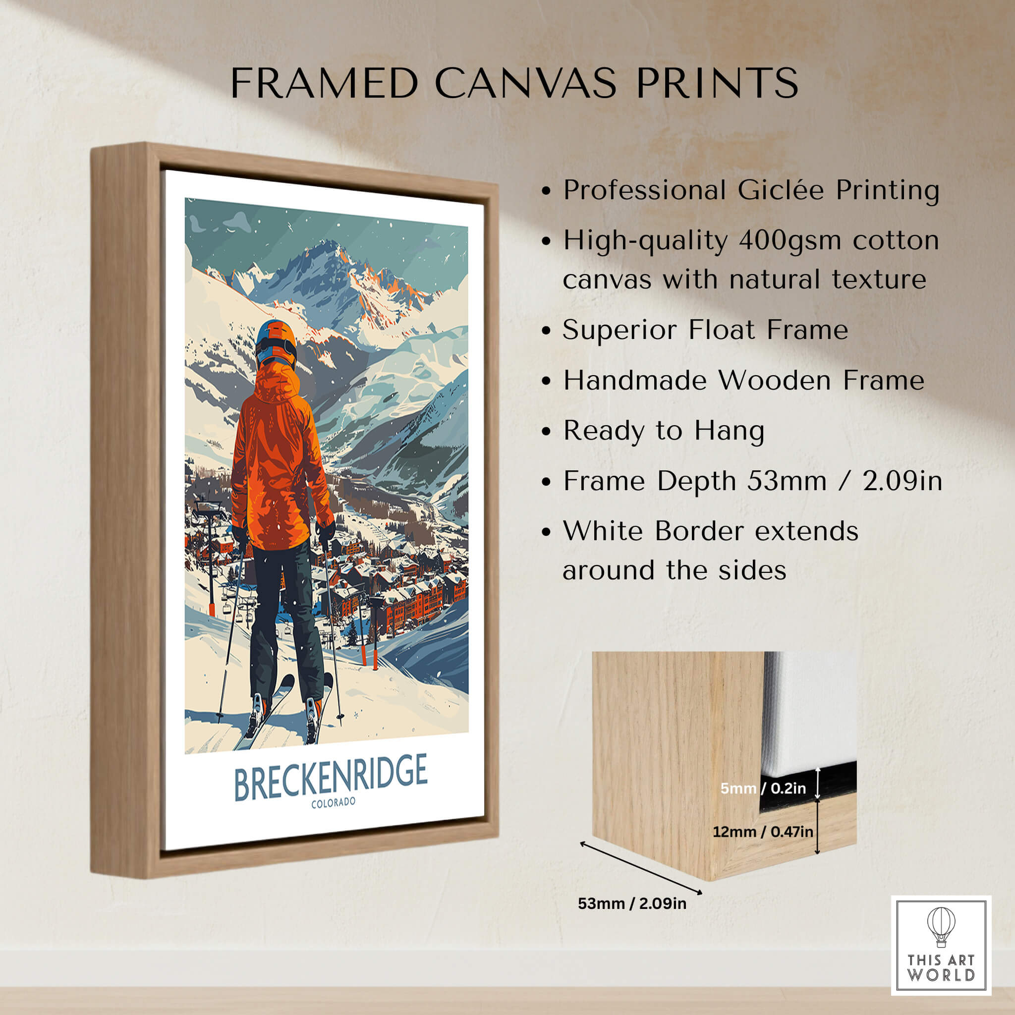 Breckenridge Wall Art - Colorado framed canvas print showcasing stunning winter landscape with skier.