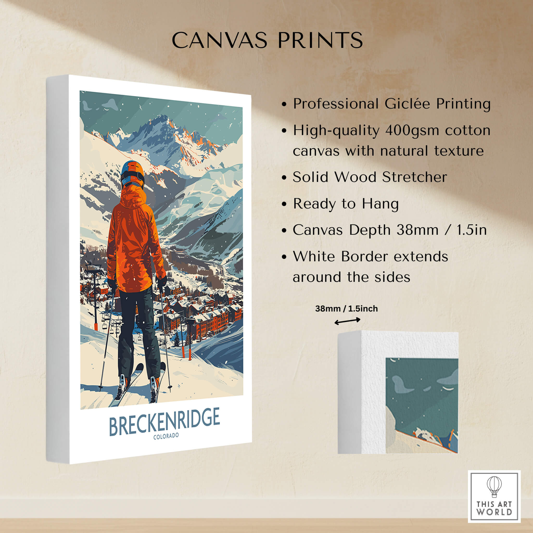 Breckenridge Wall Art - Colorado canvas print showcasing a skier in the snowy mountains of Breckenridge, ready to hang.