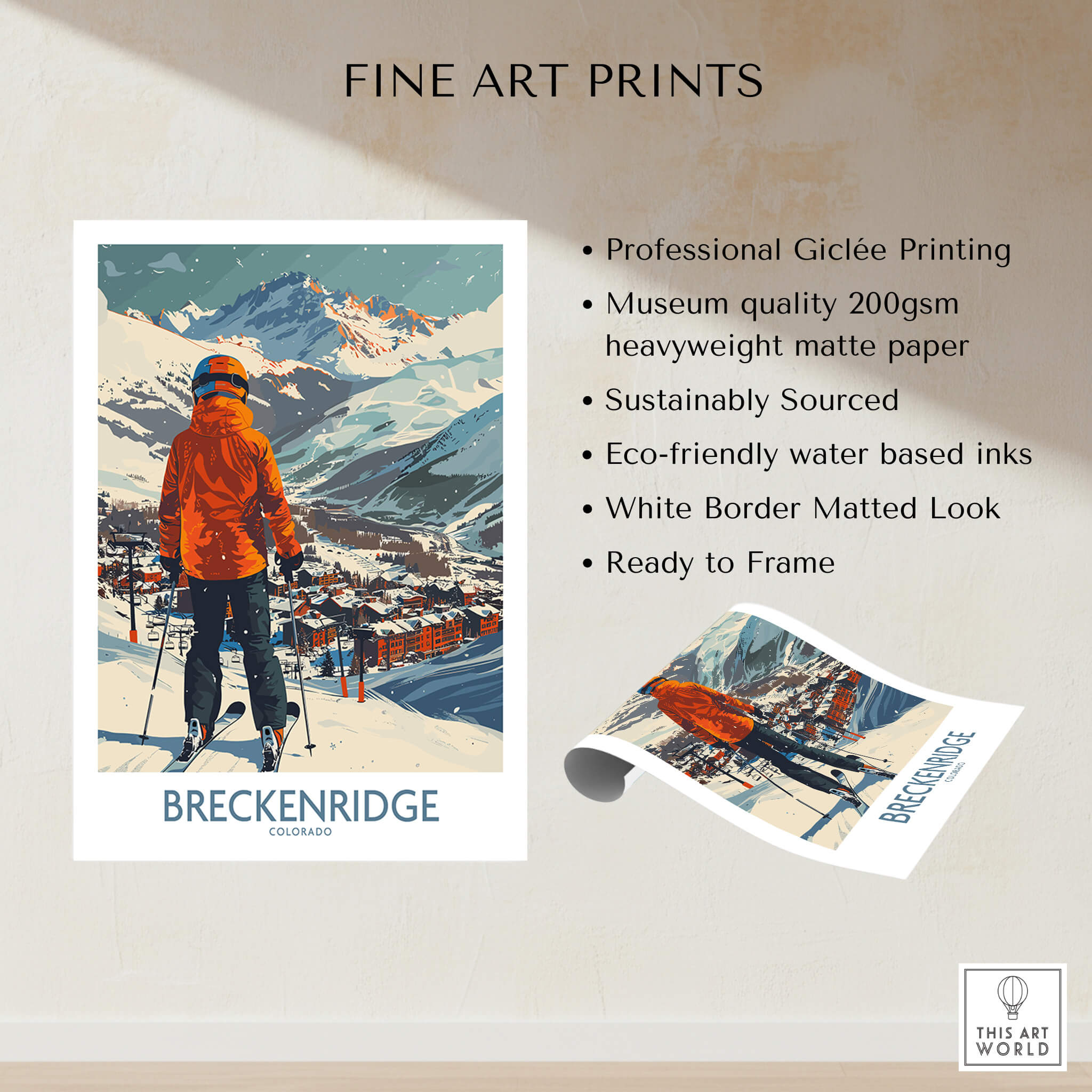 Breckenridge Wall Art -  Colorado showcasing a skier with stunning mountain views in a beautiful fine art print.
