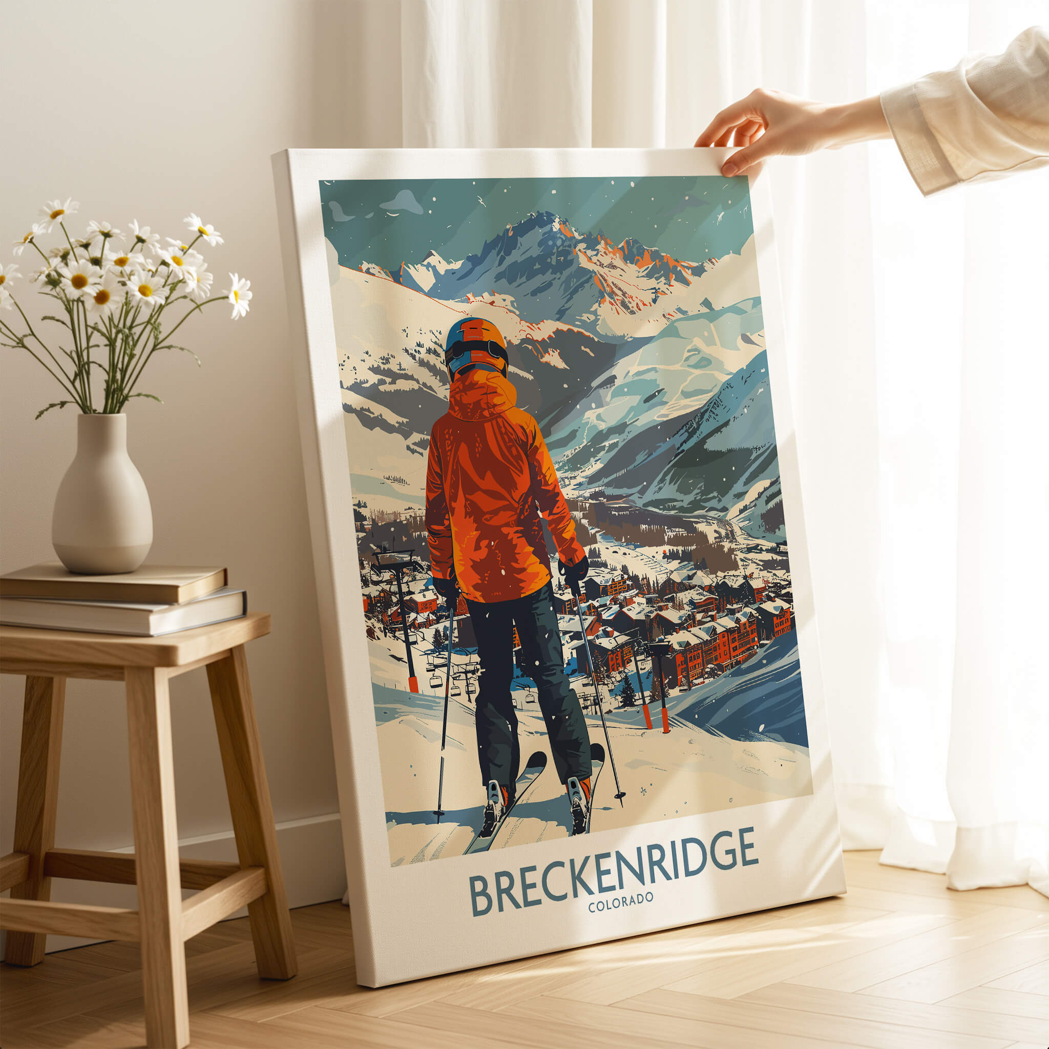 Breckenridge Wall Art - Colorado featuring a skier overlooking the snowy mountains and town of Breckenridge.