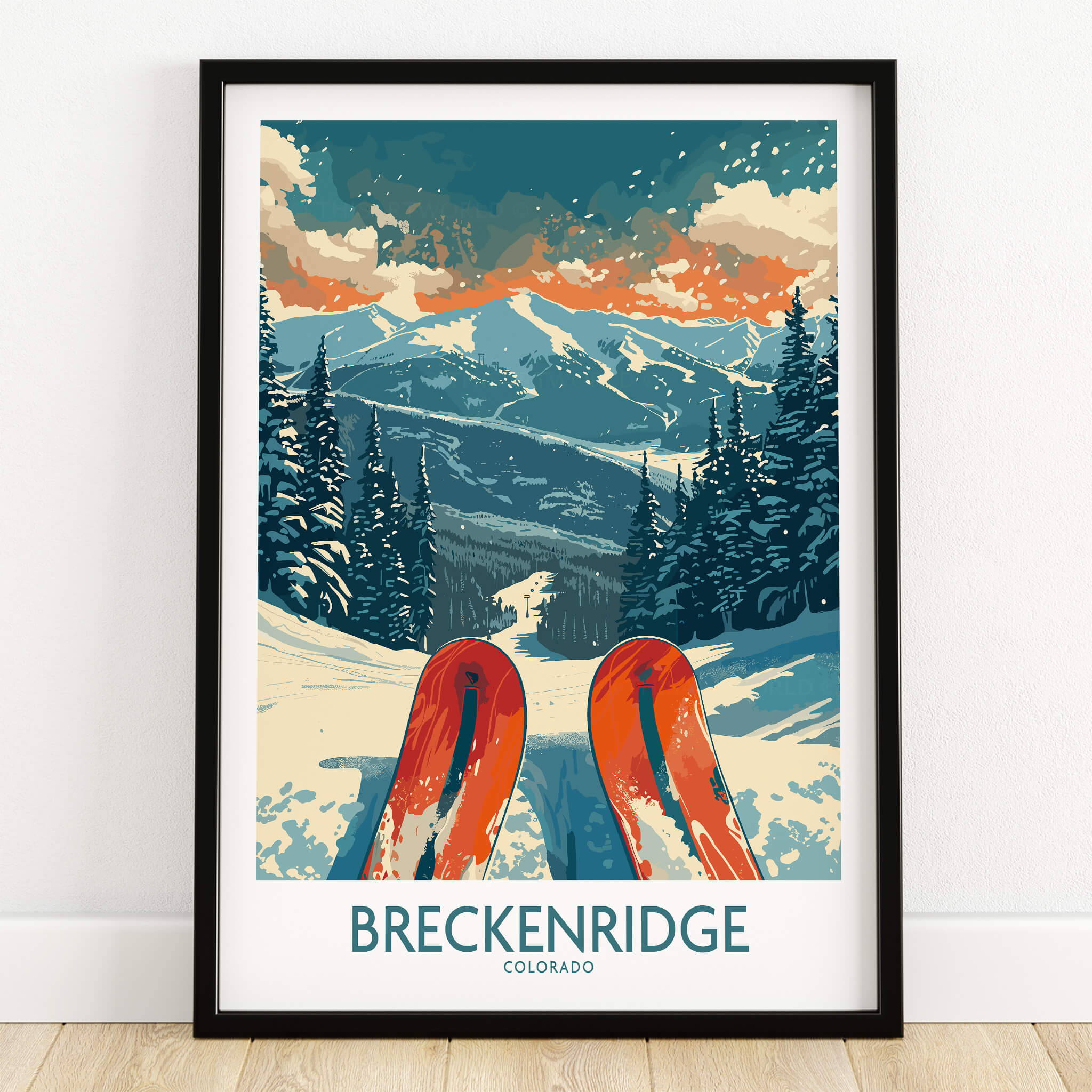 Breckenridge Poster Colorado featuring skis in the snow with mountains in the background, perfect for ski enthusiasts.