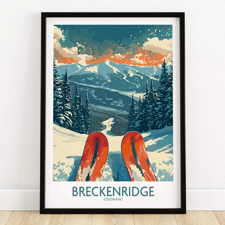 Breckenridge Poster Colorado featuring skis in the snow with mountains in the background, perfect for ski enthusiasts.