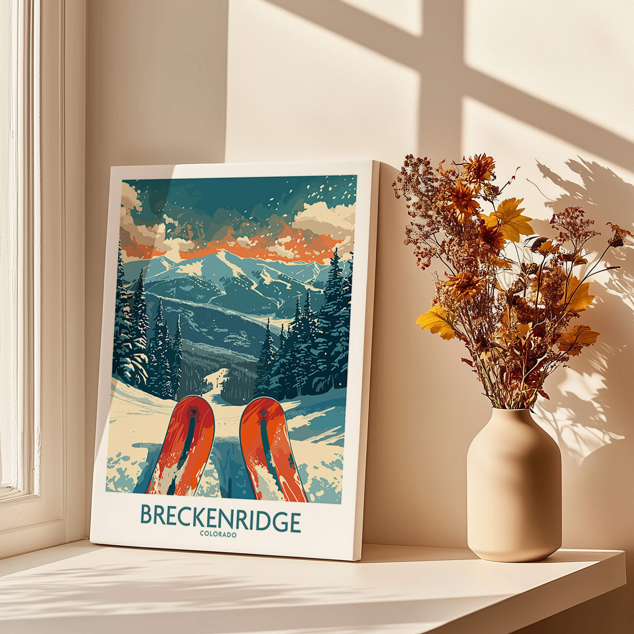 Breckenridge Poster Colorado featuring vintage ski design against a snowy mountain backdrop in a cozy interior setting.