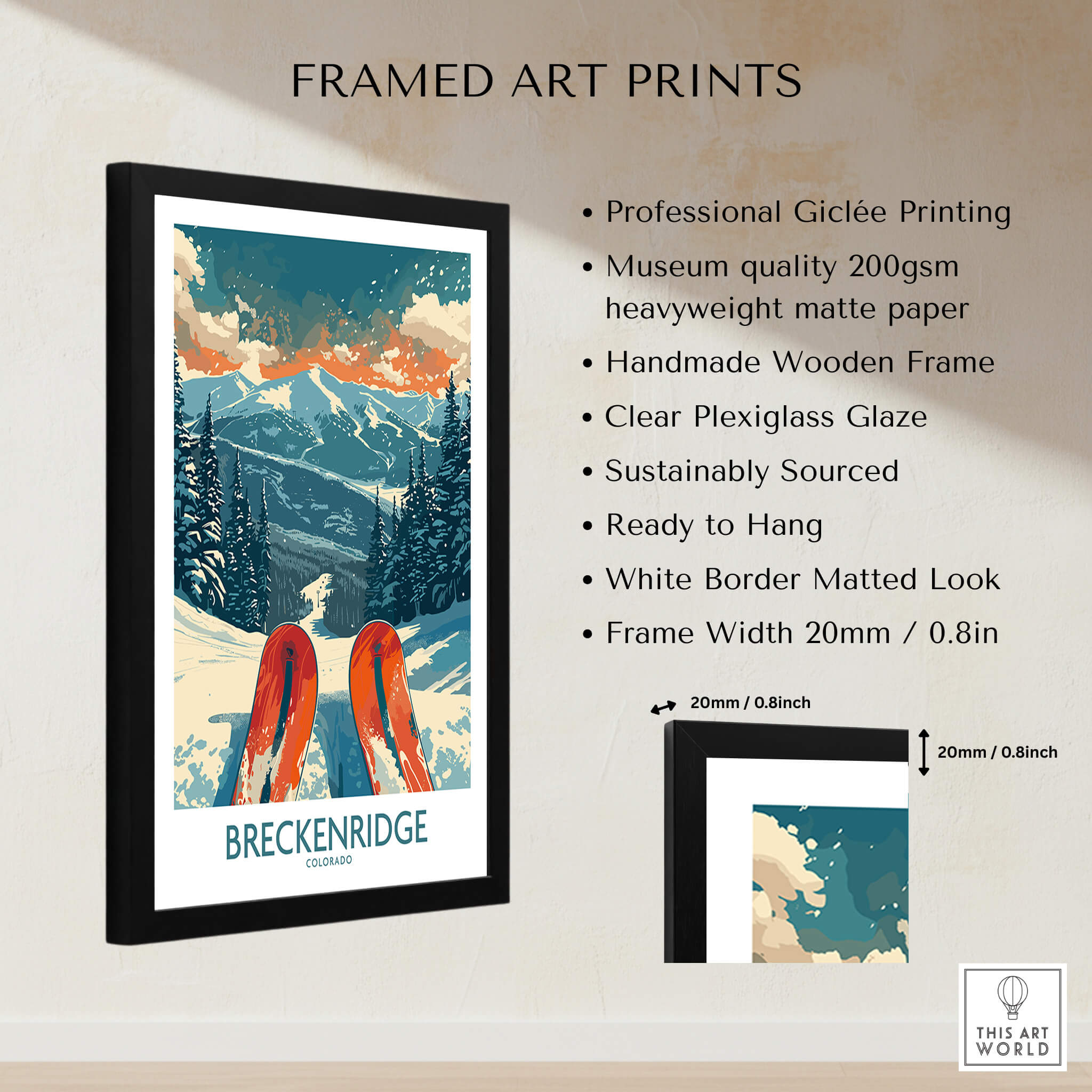 Breckenridge Poster Colorado framed art print featuring ski slopes and mountains with a wooden frame.