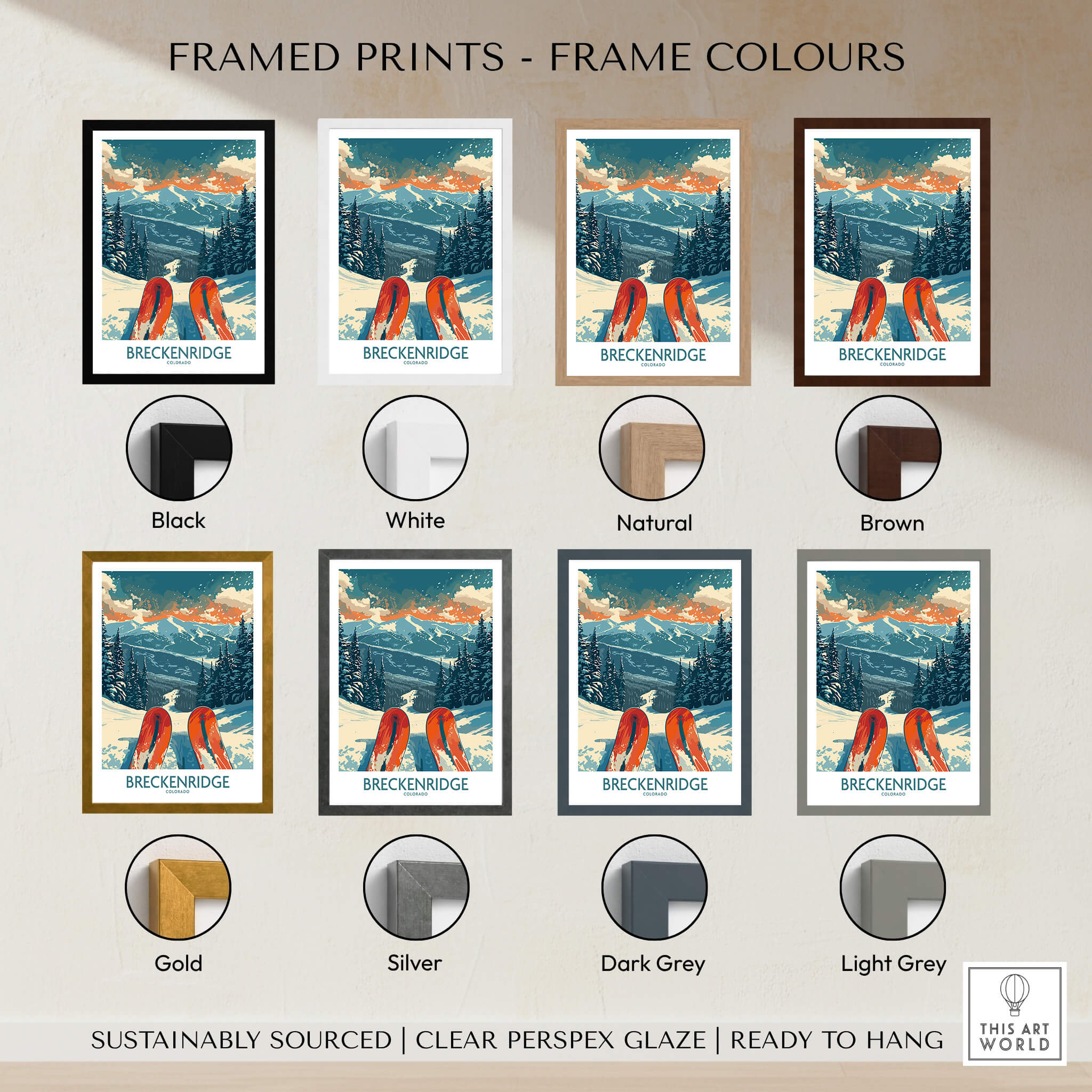 Breckenridge Poster Colorado framed print options in various frame colors including black, white, natural, and brown.