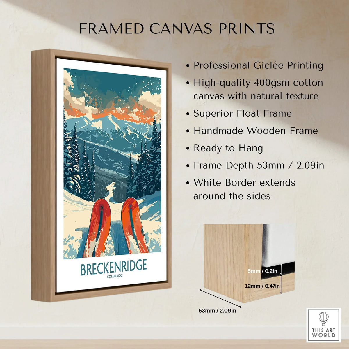 Breckenridge Poster Colorado framed canvas print featuring ski design and natural mountain scenery.