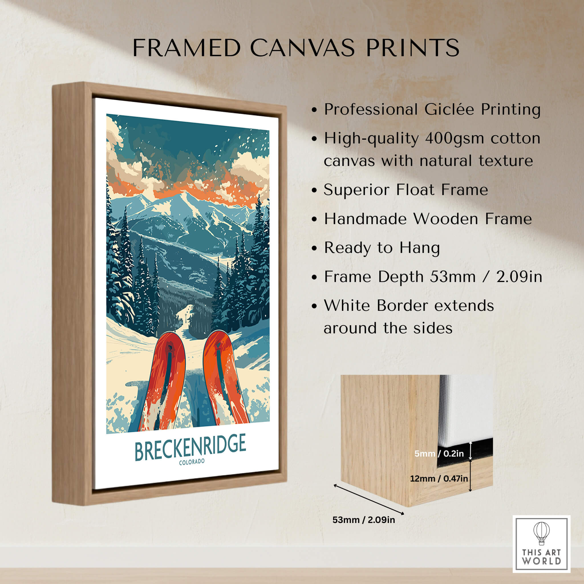 Breckenridge Poster Colorado framed canvas print featuring ski design and natural mountain scenery.